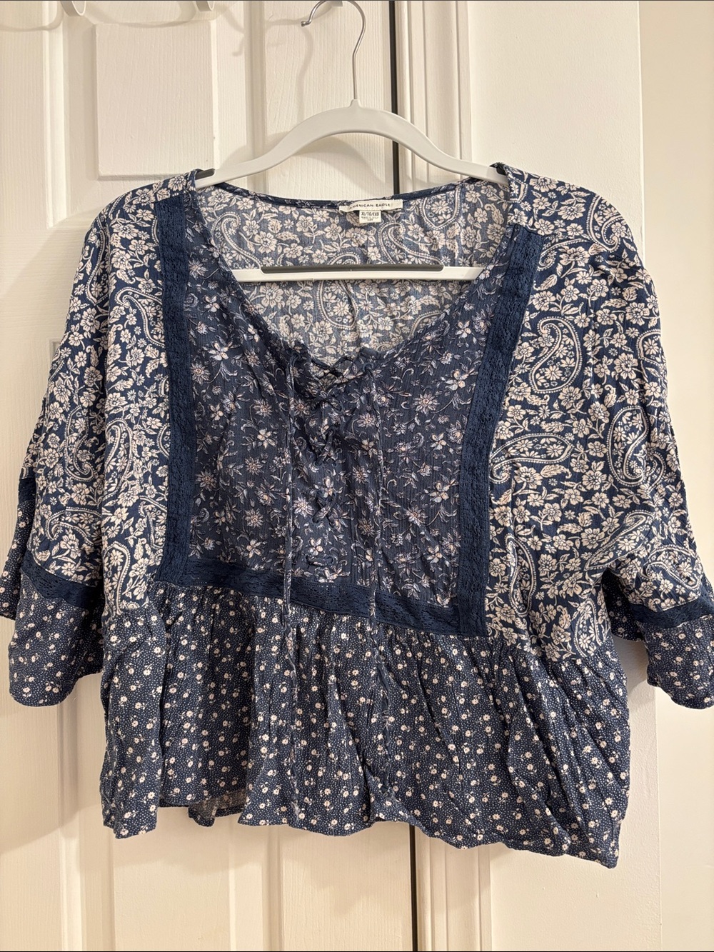 Boho Navy Paisley Peasant Top with Lace Trim